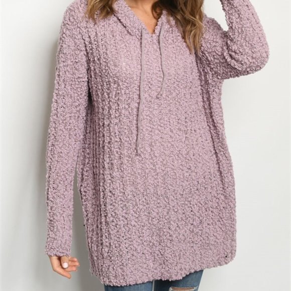 POPCORN KNIT PULLOVER HOODED LILAC SWEATER - Picture 2 of 6
